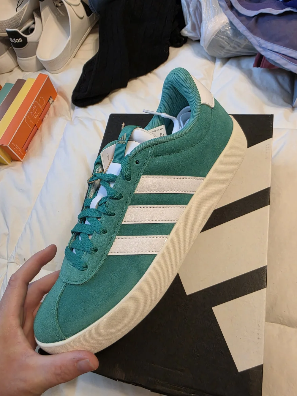 Green Suede Low-Top Sneakers with White Stripes